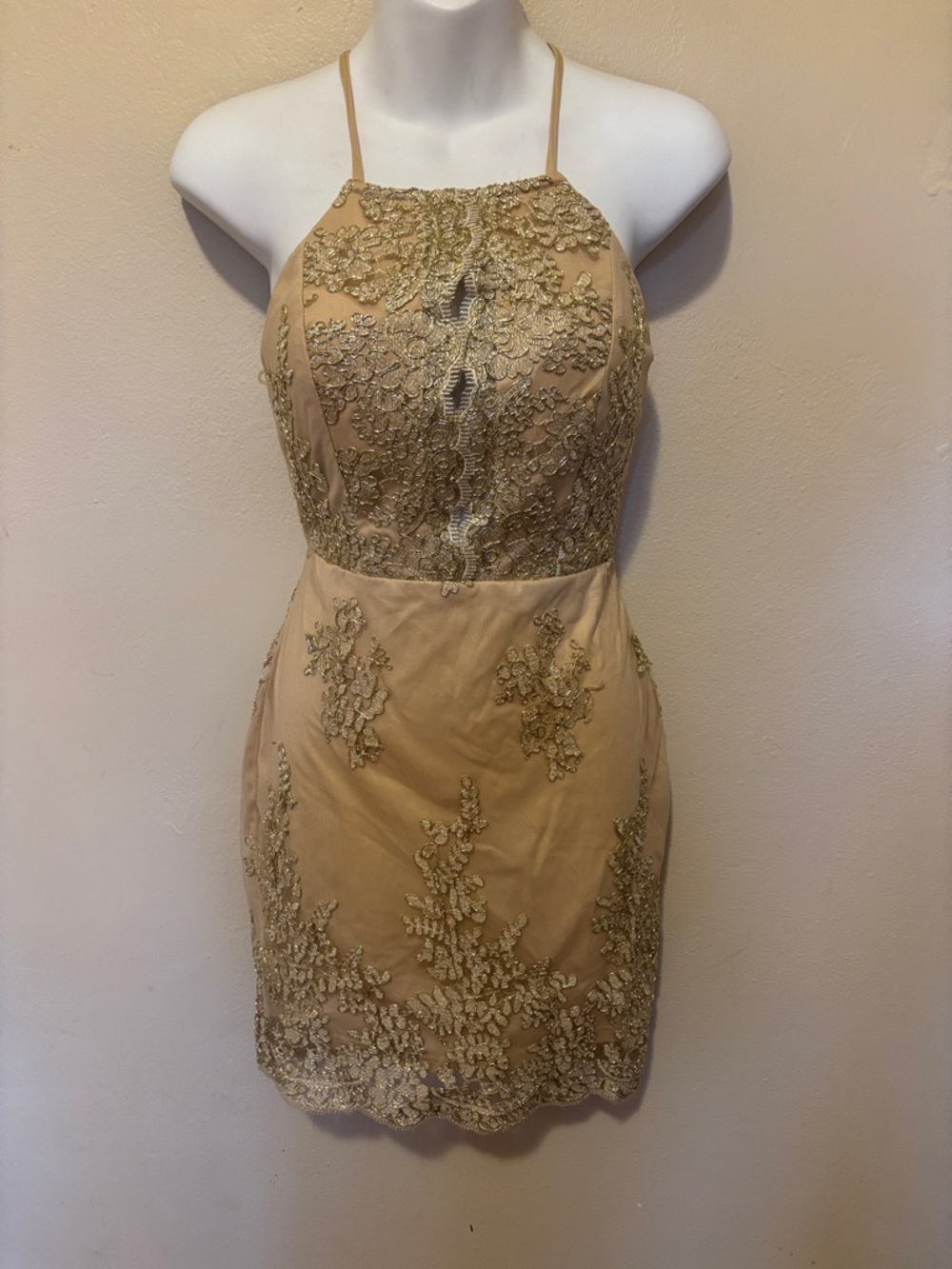 Windsor Champagne Gold Lace Halter Mini Dress